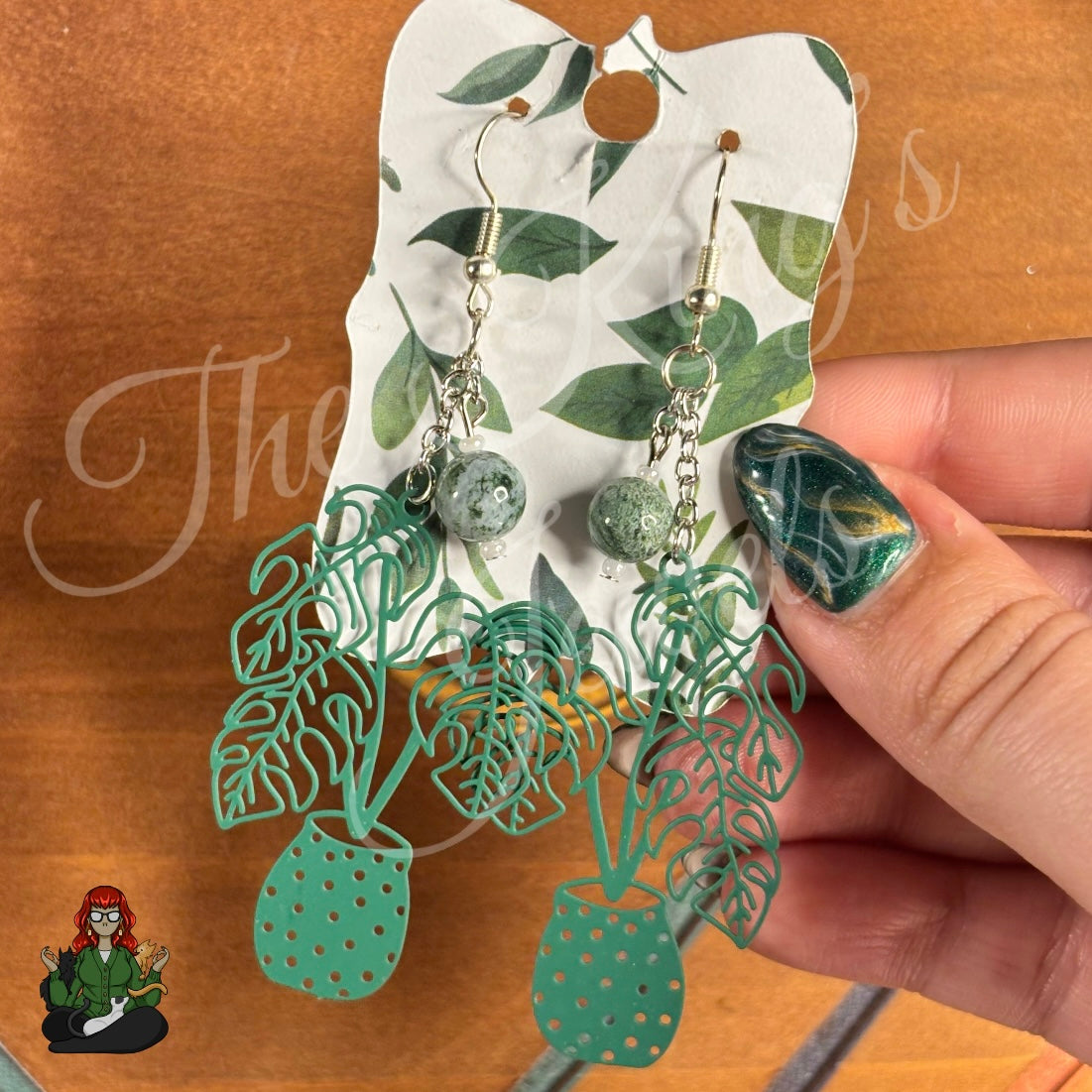 Gladys - Green Monstera With Moss Agate Bead Earrings!