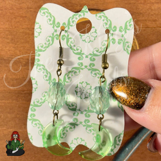 Katie - Green Glass Crescent Moon Drop Earrings!